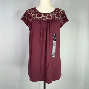 NWT Banana Republic Factory blouse top wine burgundy lace yoke cap sleeves S